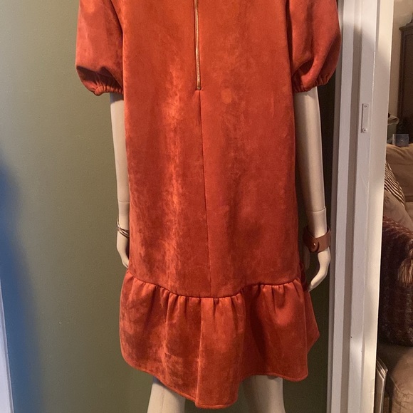 Beautiful faux suede Dress with puff shoulders, color is SPICE. BNWT,  SIZE 12. - Picture 8 of 16